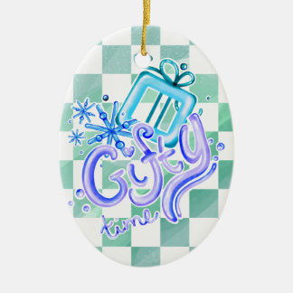 Gifty Time Blue Purple Checkerboard Oval  Ceramic Ornament