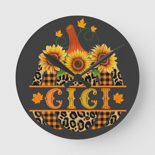 GiGi Pumpkin Leopard Print Sunflower Buffalo Plaid Round Clock (Front)