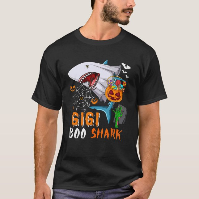 Gigi Shark Boo Halloween Shark Boo Ghost Candy Pum T-Shirt (Front)
