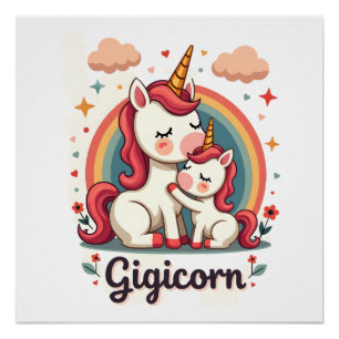 Gigicorn Vintage Unicorn Mum and Baby Rainbow Cute Poster