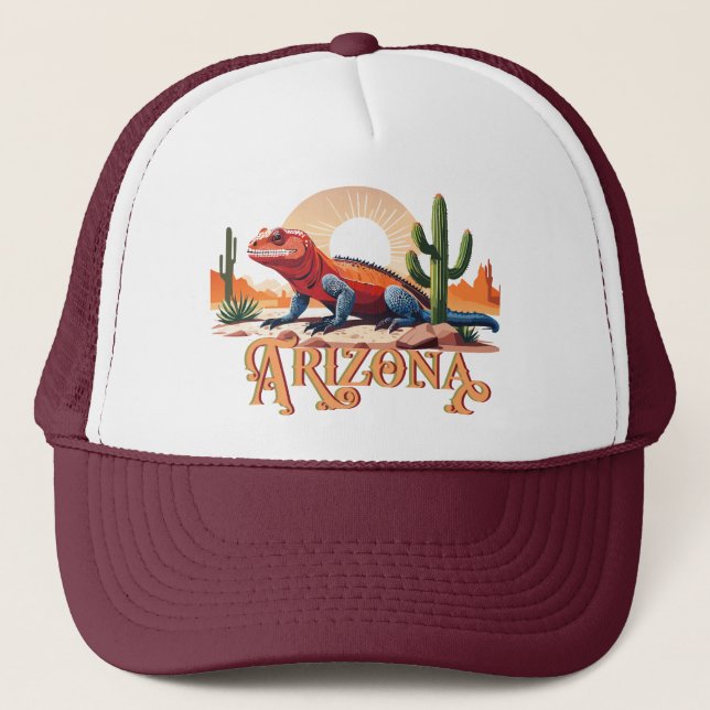 Gila Monster Lizard In Desert Labelled Arizona Trucker Hat (Front)