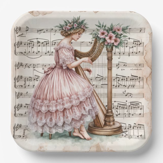 Gilded Age Harpist On Sheet Music Paper Plate (Front)