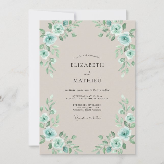 Gilded Aqua Seafoam Leaf Wedding Invitation (Front)
