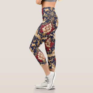 Gilded Art Nouveau Floral Damask Capri Leggings