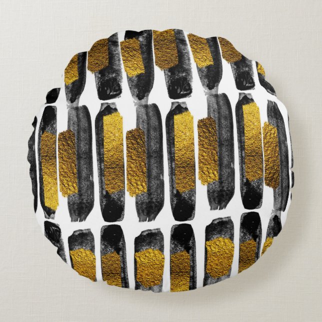 Gilded Artistry: Black & Gold Abstract Round Cushion (Front)