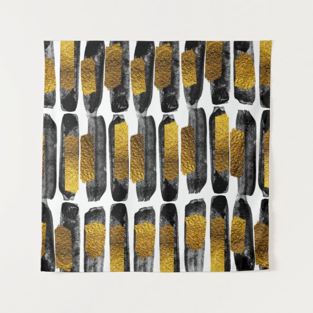 Gilded Artistry: Black & Gold Abstract Tapestry (Front)