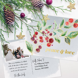 Gilded Berries Peace & Love Holiday Photo Foil Invitation Postcard