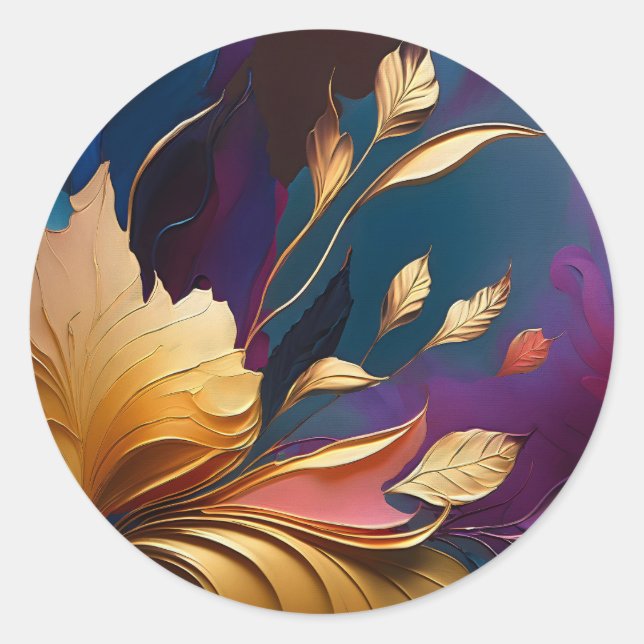Gilded Bloom – Abstract Floral Composition Classic Round Sticker (Front)