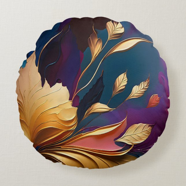 Gilded Bloom – Abstract Floral Composition Round Cushion (Front)