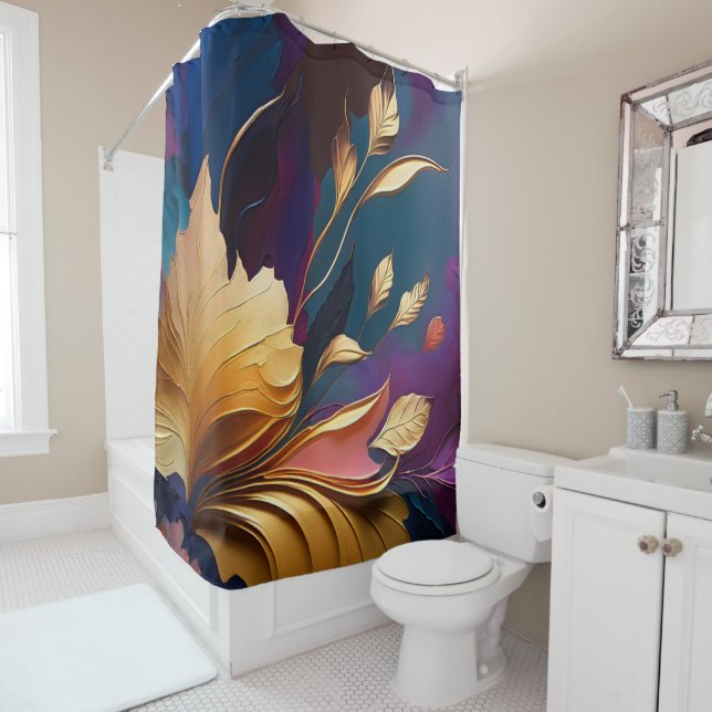 Gilded Bloom – Abstract Floral Composition Shower Curtain (In Situ)