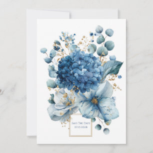 Gilded Bloom Blue Hydrangea Monogram Wedding Invitation