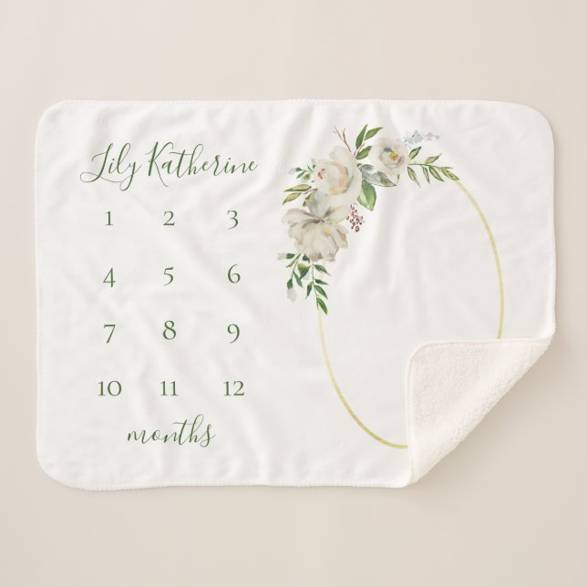 Gilded Blooms Baby Name Milestone Photo Sherpa Blanket (Front (Horizontal))