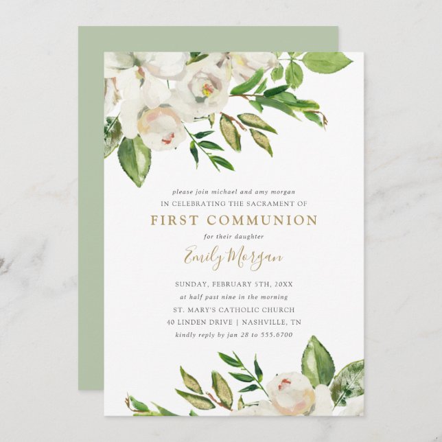 Gilded Blooms First Communion Invitation (Front/Back)