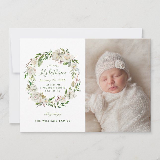 Gilded Blooms Floral Photo Birth Announcement (Front)