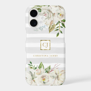 Gilded Blooms Grey Stripes Floral Monogram
