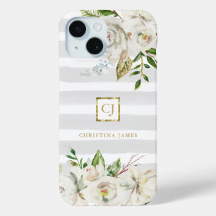 Gilded Blooms   Grey Stripes Floral Monogram iPhone 15 Case