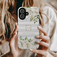 Gilded Blooms | Grey Stripes Floral Monogram