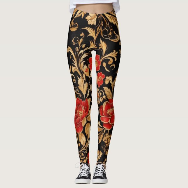 Gilded Blooms: Opulent Floral Leggings (Front)