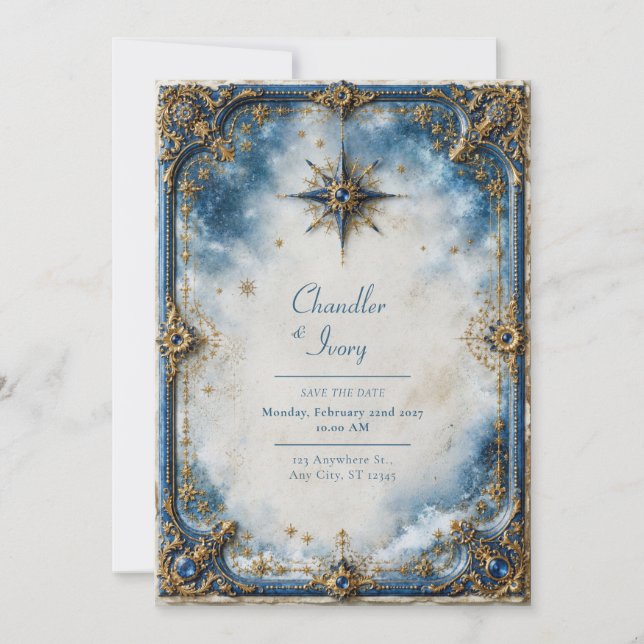 Gilded Blue Star Wedding Invitation (Front)