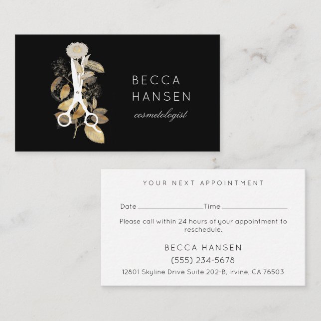 Gilded Botanical Salon Scissors Logo Appointment Business Card (Front/Back)