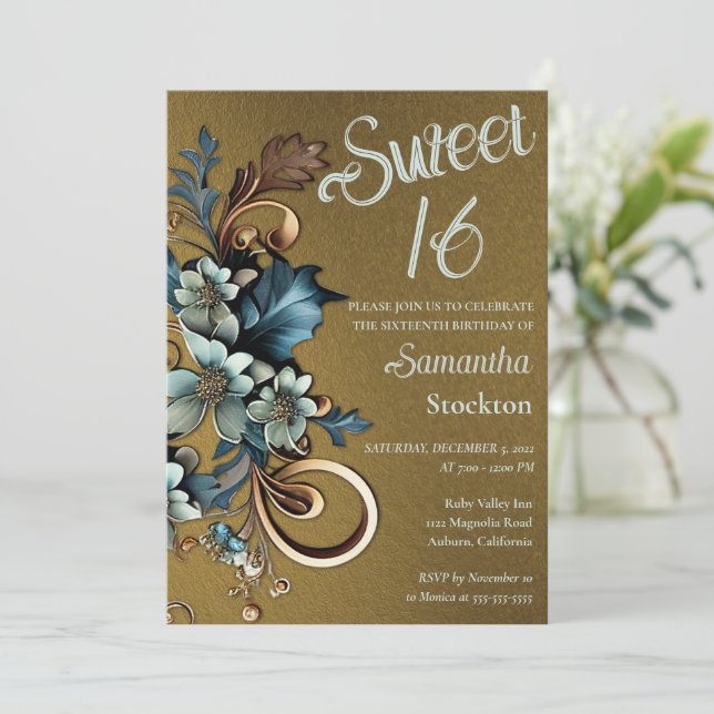 Gilded Botanical with Gold Sweet 16 Invitation (Standing Front)