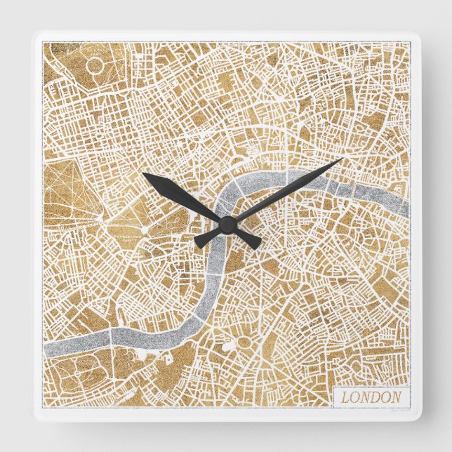 Gilded City Map Of London Square Wall Clock (Front)