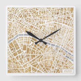 Gilded City Map Of Paris Square Wall Clock