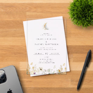 Gilded Crescent Moon Wildflower Wedding Acrylic Invitations