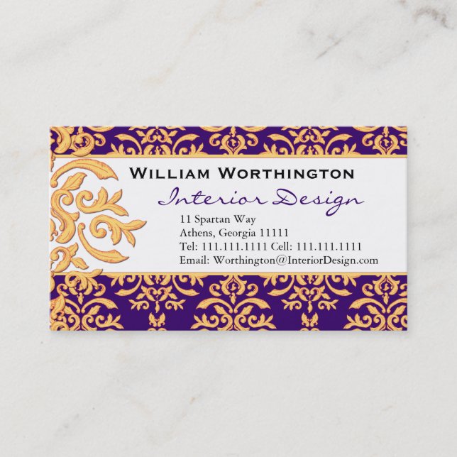 Gilded Damask Purple & Gold Elegant Business Cards (Front)