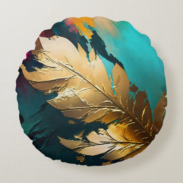 Gilded Feather – Luxe Abstract Elegance Round Cushion (Front)