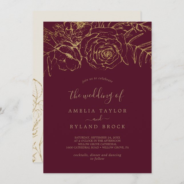 Gilded Floral | Burgundy and Gold The Wedding Of Invitation (Front/Back)