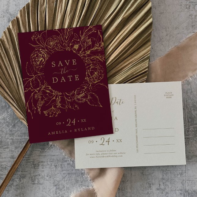 Gilded Floral Burgundy Gold Save the Date Postcard (Creator Uploaded)