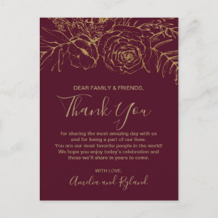 Gilded Floral Burgundy & Gold Thank You Table Card