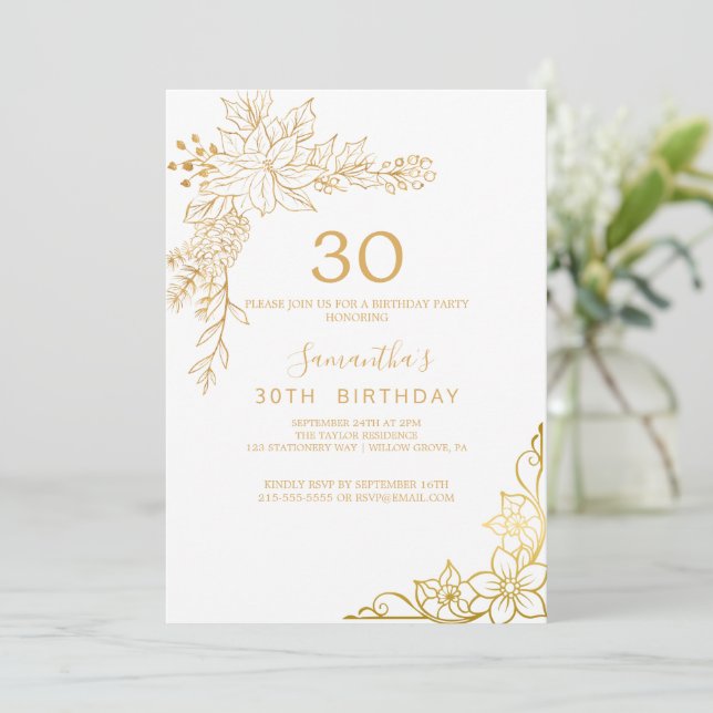Gilded Floral | Cream and Gold 30th Birthday  Invitation (Standing Front)