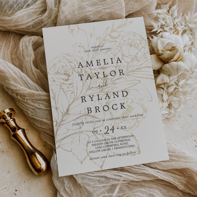 Gilded Floral | Cream and Gold Faded Wedding Invitation (Creator Uploaded)