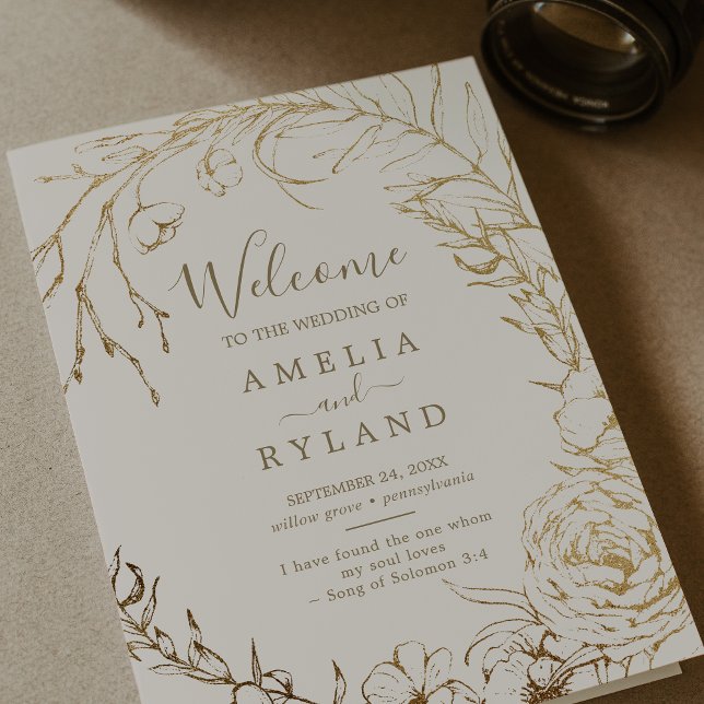 Gilded Floral | Cream and Gold Folded Wedding Program (Creator Uploaded)