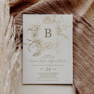 Gilded Floral Cream and Gold Monogram Wedding Invitation