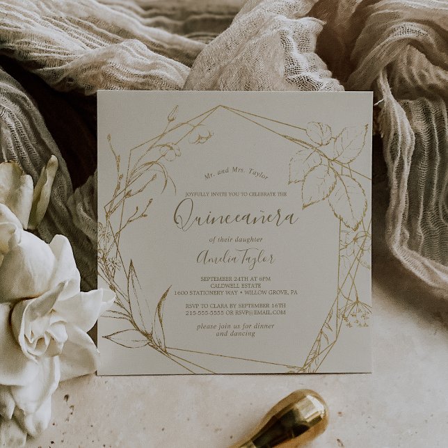 Gilded Floral | Cream and Gold Quinceañera Invitation (Creator Uploaded)