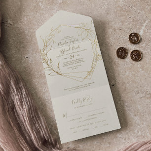 Gilded Floral Cream and Gold Wedding All In One Invitation