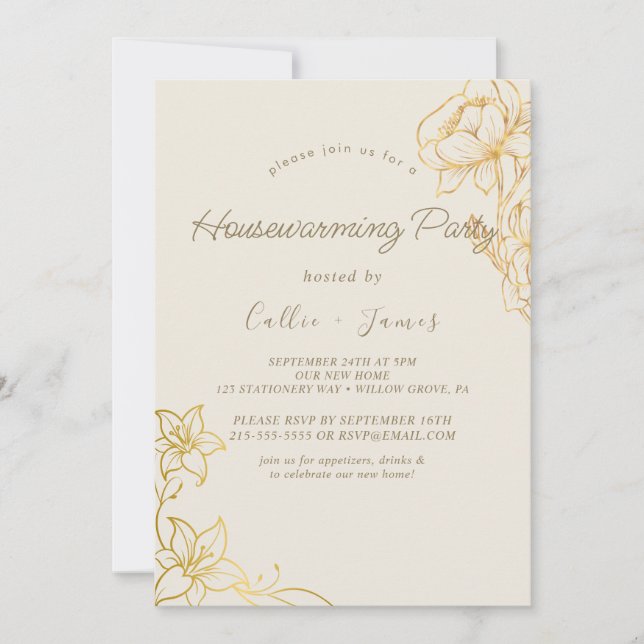 Gilded Floral | Cream & Gold Housewarming  Invitation (Front)