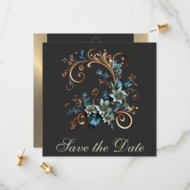 Gilded Floral Elegance Save The Date (Front/Back In Situ)