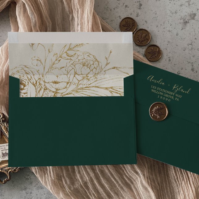 Gilded Floral | Emerald & Gold Wedding Invitation Envelope (Creator Uploaded)