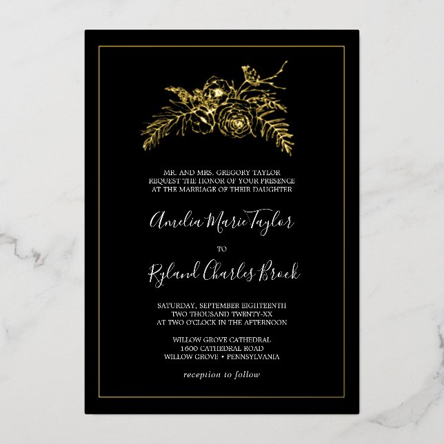Gilded Floral | Gold Foil Black Formal Wedding (Front)