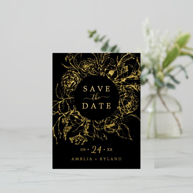 Gilded Floral | Gold Foil Black Save the Date Invitation Postcard (Standing Front)