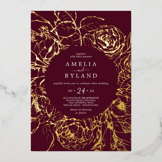 Gilded Floral | Gold Foil Burgundy Casual Wedding (Front)