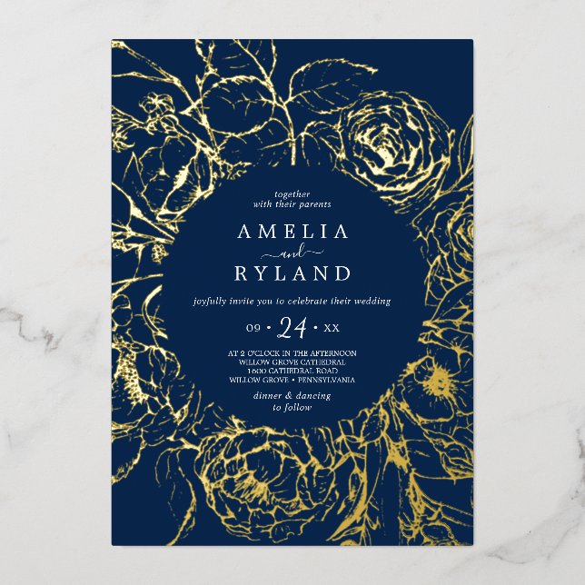 Gilded Floral | Gold Foil Navy Blue Casual Wedding (Front)