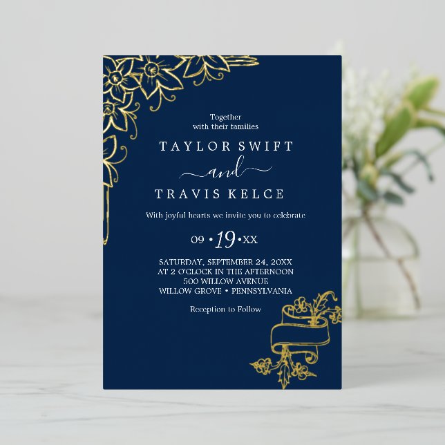Gilded Floral | Gold Foil Navy Front & Back Weddin (Standing Front)