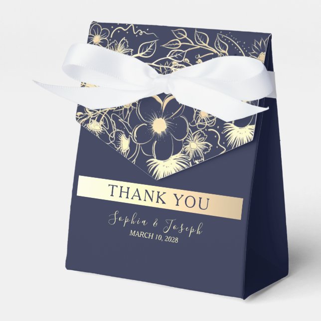 Gilded Floral Gold Navy Blue Wedding Favour Box (Front Side)