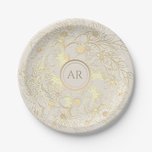 Gilded Floral Gold Wedding Paper Plate (Front)