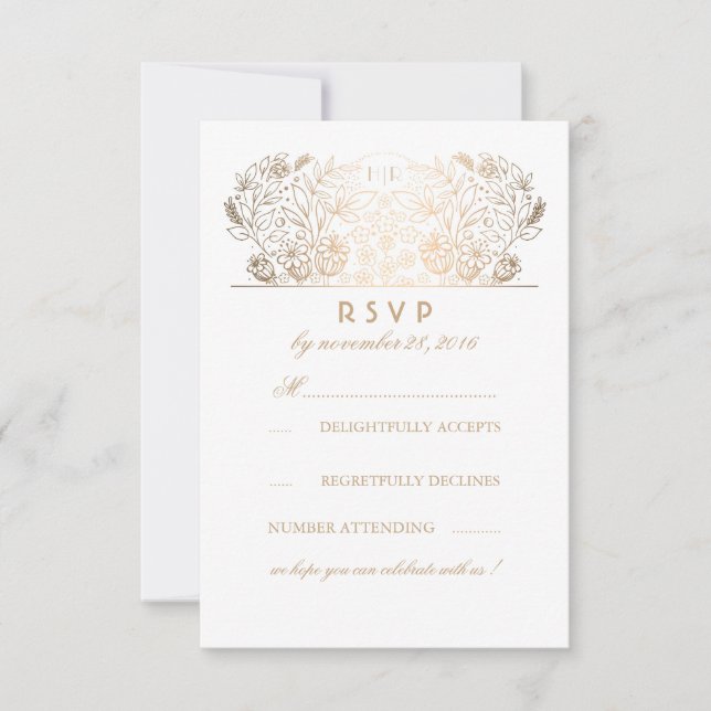 Gilded Floral Grey White Wedding RSVP Card (Front)